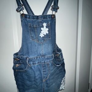 Denim Overalls with White Floral Accents